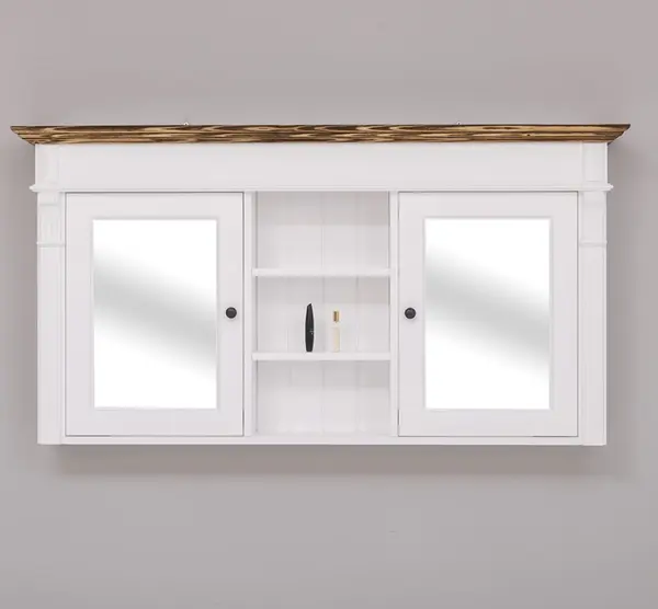 Mobilier baie suspendat cu doua usi cu oglinda si rafturi cu finisaj Dublu color