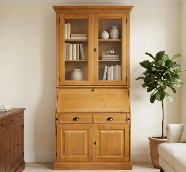 Mobilier birou cu blat masa incorporat, 2 usi si 2 sertare BAS + 2 usi sticla SUP cu finisaj Honey Brown