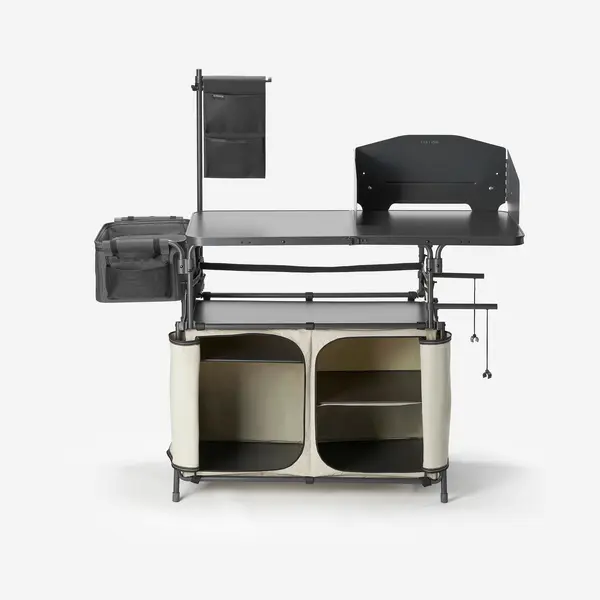 Mobilier bucătărie camping XL, cu chiuvetă 10L, protecție vânt și spații depoz.