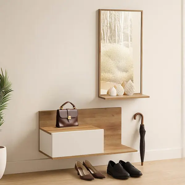 Mobilier de intrare cu oglinda Miranda, Alb-Stejar, Lemn, 60x30x89 cm