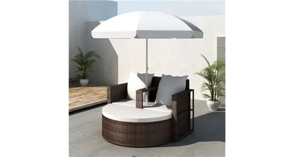 Mobilier gradina din poliratan cu parasolar, Maro