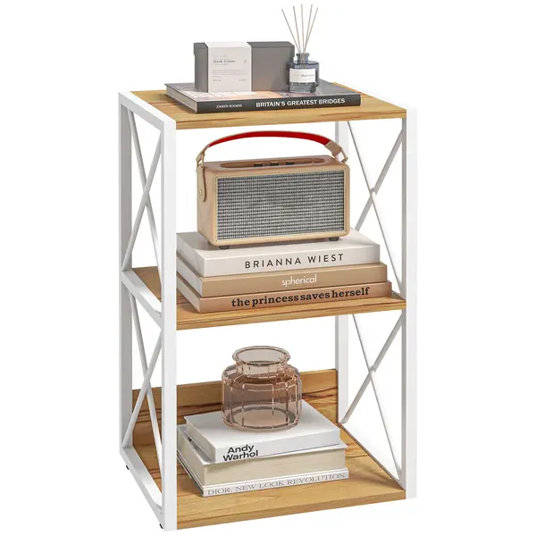 Mobilier Rastel Librarie 3 Rafturi cu Schelet in Otel Alb si Rafturi in Lemn 40x35x72.5cm HOMCOM | Aosom Romania