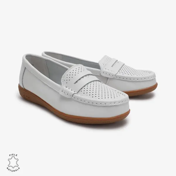 Mocasini dama din Piele Naturala CRL0712 ALB