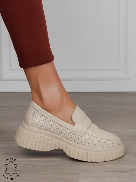Mocasini dama din Piele Naturala cu mici perforati cu talpa inalta CRL1567 BEJ