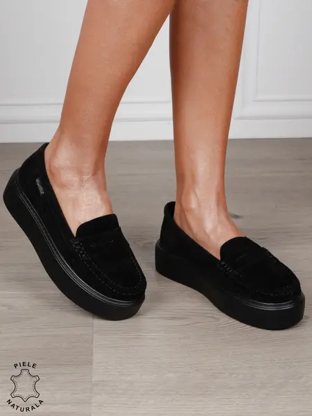 MOCASINI damă din piele naturală intoarsa cu talpa inalta CRL1580 NEGRU
