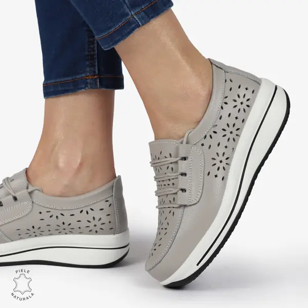 Mocasini dama din Piele Naturala Perforati CRL1364 GRI