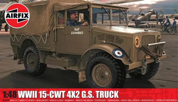 Model asamblabil Airfix Militar: Camioane - Camion britanic pentru uz general al Forțelor Aeriene Regale (RAF) Bedford MWD 15-cwt 4x2