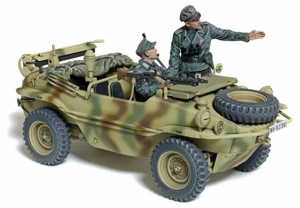 Model asamblabil Tamiya Militari: Automobile - Vehicul amfibiu german Schwimmwagen Type 166 Wide Wheel Version, 2 figurine