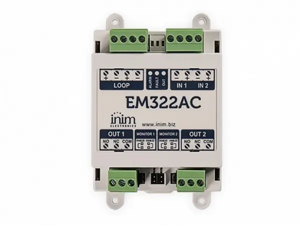 Modul adresabil cu 2 intrari si 2 iesiri Inim EM322AC, releu de supervizare, protocol Enea, izolator inclus, montaj sina DIN, EN54