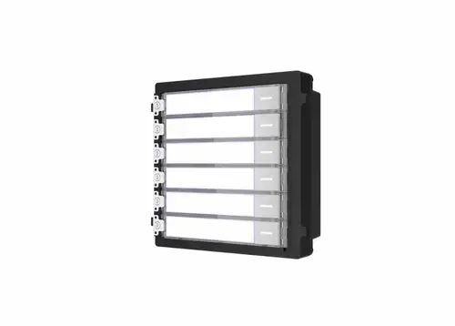 Modul de extensie videinterfon cu sase butoane de apelare Hikvision DS-KD-KK; montaj aplicat sau ingropat (acesoriile de montaj nu sunt incluse), customizare afisare nume; iluminare pe timp de noapte; Conectare RS-485, 1 x Input; 1 x Output