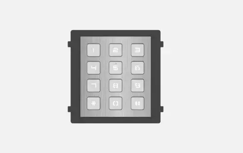Modul de extensie videointerfon cu tastatura Hikvision DS-KD- KP/S, permite formarea codului de apartament sau a codului de acces; montaj aplicat sau ingropat (accesoriile de montaj nu sunt incluse); iluminare pe timp de noapte; protectie: IP65, IK7