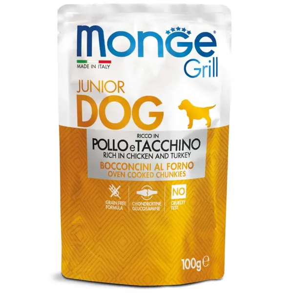 MONGE Grill Junior, XS-XL, Pui și Curcan, plic hrană umedă câini junior, (în suc propriu), 100g