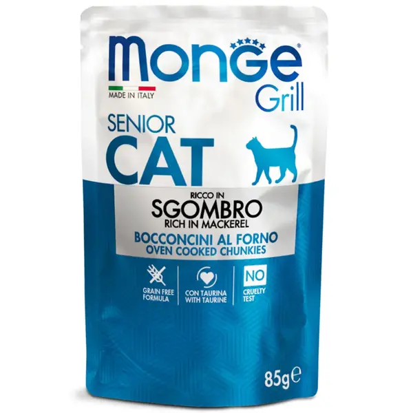 MONGE Grill Senior, Macrou, plic hrană umedă fără cereale pisici senior, (în aspic), 85g