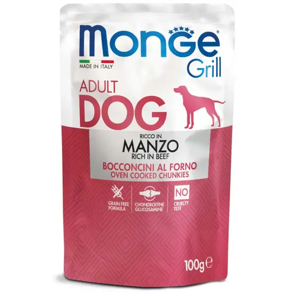 MONGE Grill, XS-XL, Vită, plic hrană umedă câini, (în suc propriu), 100g