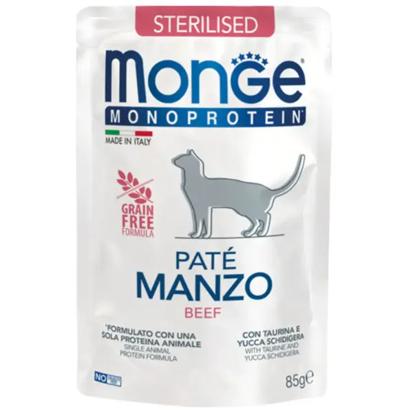 MONGE Monoprotein Sterilised, Vită, plic hrană umedă monoproteică fără cereale pisici sterilizate, (pate), 85g