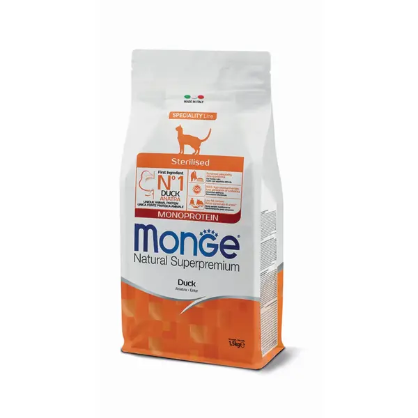 MONGE Natural Superpremium Monoprotein Sterilised, Rață, hrană uscată pisici sterilizate, 1.5kg