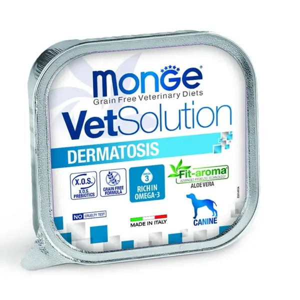 MONGE VETSOLUTION Dermatosis, XS-XL, Porc, dietă veterinară, tăviță hrană umedă fără cereale câini, piele & blană, (pate), 150g
