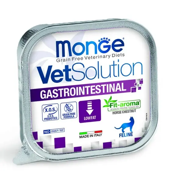 MONGE VETSOLUTION Gastrointestinal, Ficat și Porc, dietă veterinară, tăviță hrană umedă fără cereale pisici, sistem digestiv, (pate), 100g
