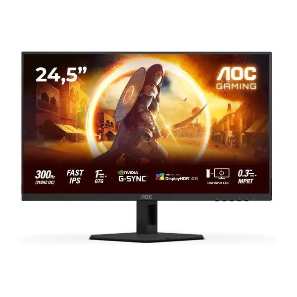 Monitor Gaming AOC 25G4SRE, 24.5", Full HD (1920x1080), Fast IPS, WLED, 310Hz (OC, 300Hz native), 0.3ms MPRT, 1ms GtG, Adaptive Sync, NVIDIA G-SYNC Compatible, VESA Certified DisplayHDR™ 400, Flicker Free, Anti Blue Light, HDMI, Display Port, Negru/Rosu