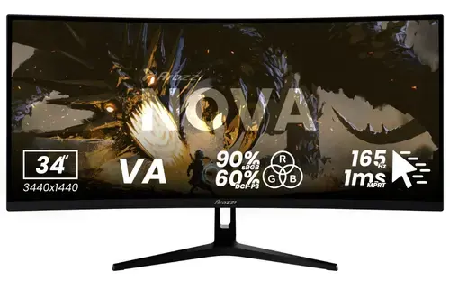 Monitor Gaming VA LED Arozzi Nova 34inch AZ-NO-34T2K165-BK, 3440 x 1440, HDMI, DisplayPort, Ecran curbat, 165 Hz, 1 ms (Negru)