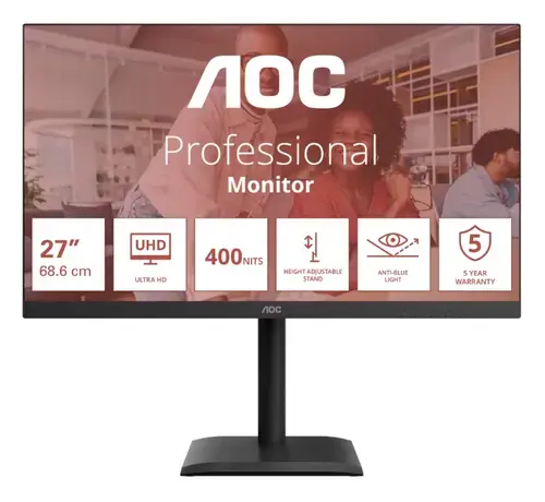 Monitor LED AOC 27 U27E4CV, UHD (3840 x 2160), HDMI, DisplayPort, Boxe, Pivot (Negru)