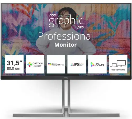 Monitor Nano IPS LED AOC 31.5inch U32U3CV, UHD (3840 x 2160), HDMI, DisplayPort, Boxe, Pivot, 60 Hz, 4 ms (Negru/Argintiu)