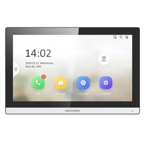 Monitor videointerfon modular 7inch color Hikvision DS-KH6350-WTE1; ecran LCD 7inch color cu touch screeen, rezolutie ecran 1024 × 600; design modern; Conectivitate: 10/100 Mbps self adaptive network ; TCP/IP, SIP, RTSP; Comunicare audio video bidirectio