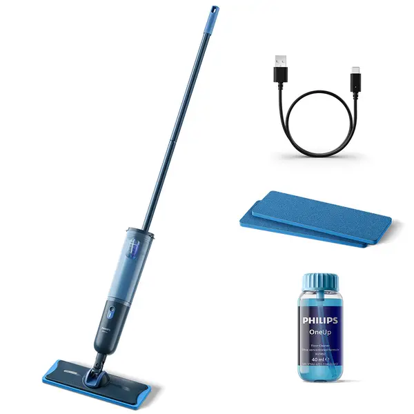 Mop electric Philips OneUp seria 3000 XV3101/11, Fara fir, Autonomie 50 min, 0.31 l, Lavete lavabile, Albastru