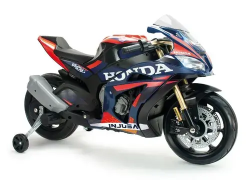 Motocicleta electrica pentru copii, 12V, Injusa Honda Competition, cu roti ajutatoare, design sport, 3-6 ani, max. 50 kg