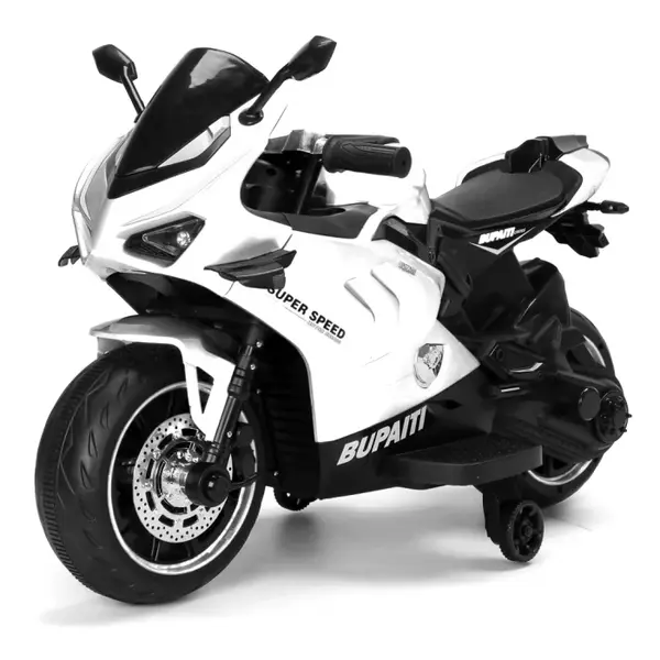 Motocicleta electrica pentru copii, Kinderauto BDQ888 70W 12V cu roti moi, Bluetooth, alba