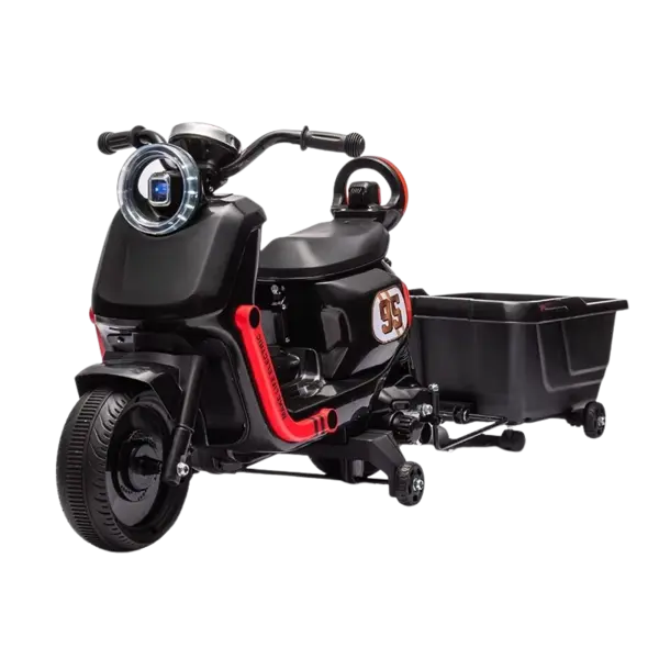 Motocicleta electrica pentru copii Nichiduta SafeRider 95 Black,remorca detasabila,roti ajutatoare,motor 35w,acumulator 6V7Ah,far cu lumini LED,roti rezistente,manere ergonomice,muzica,pornire la buton