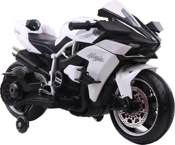 Motocicleta electrica pentru copii Novokids Ninja Premium Motocross Alb, viteza din maner, maxim 30 kg, melodii si lumini Led, bluetooth, roti ajutatoare
