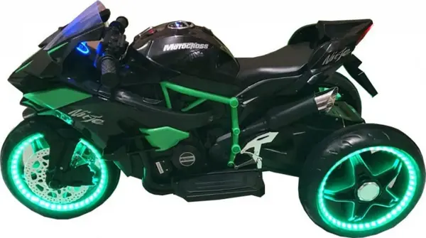 Motocicleta electrica pentru copii Novokids Ninja Trio Motocross Negru-Verde, maxim 30 kg, melodii si lumini Led, bluetooth, 3 roti