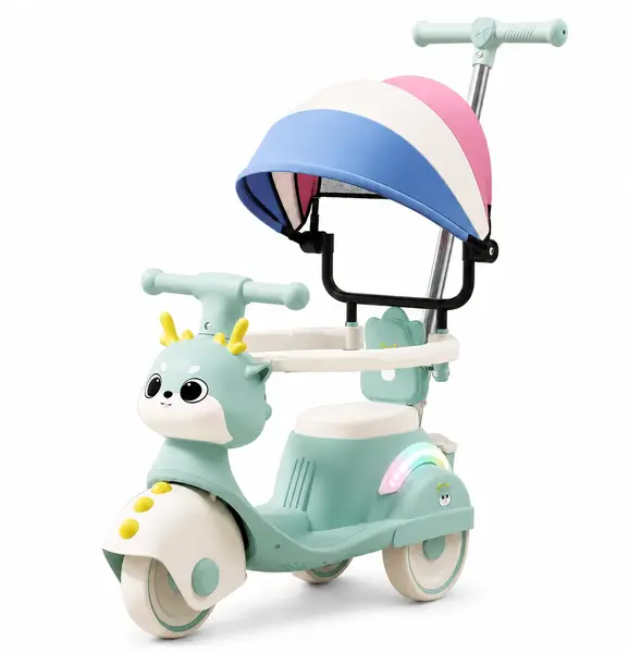 Motocicleta ride-on 4 in 1 pentru copii cu copertina si maner parental - Verde