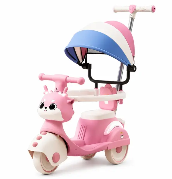 Motocicleta ride-on 4 in 1 pentru copii cu copertina si maner parental - Roz