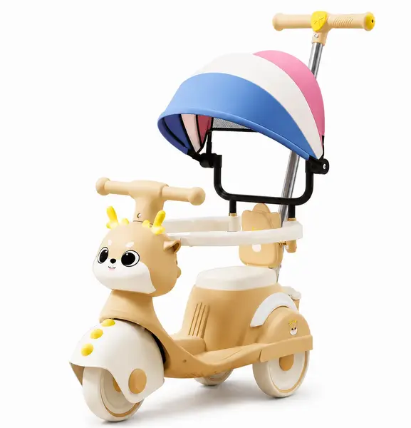 Motocicleta ride-on 4 in 1 pentru copii cu copertina si maner parental - Crem