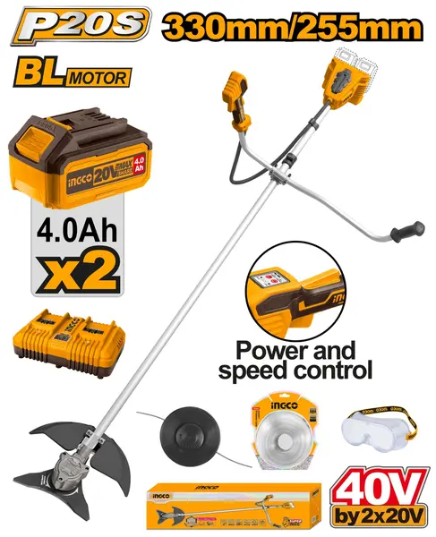 Motocoasa 40V 2 Acumulatori 4Ah INGCO CSTLI202522 Brushless, Trimmer si Lama 255mm pentru Iarba si Vegetatie