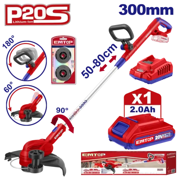 Motocoasa electrica Trimmer cu 1 acumulator 2.0AH, maner reglabil, 2.0AH, 300mm - ELGT203285, EMTOP