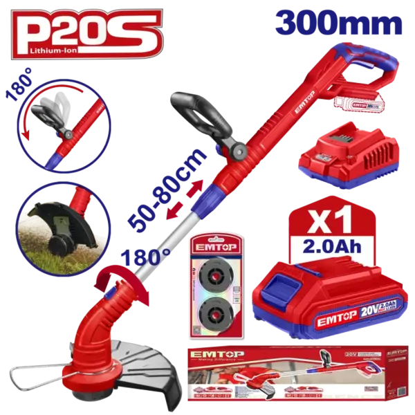 Motocoasa Trimmer cu 1 acumulator 2.0Ah, maner reglabil, 300mm - ELGT203011, EMTOP