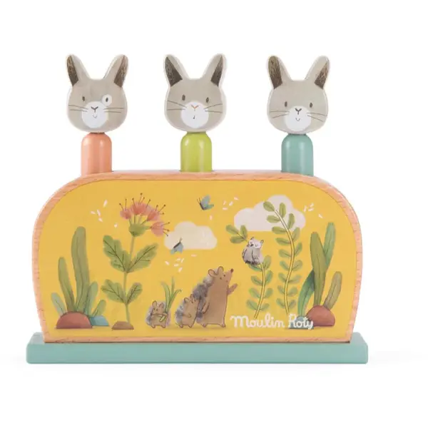 MOULIN ROTY Wooden Pop Up Toy Trois Petits Lapins jucărie care sare 12m+ 1 buc