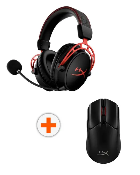 Mouse de gaming HyperX - Pulsefire Haste 2, optic, wireless, negru + căști de gaming HyperX - Cloud Alpha, wireless, negru/roșu