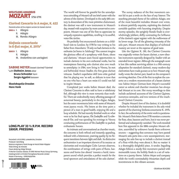 Mozart: Clarinet Concerto K. 622 / Sinfonia Concertante K. 297b - Vinyl | Wolfgang Amadeus Mozart, Sabine Meyer, Hans Vonk