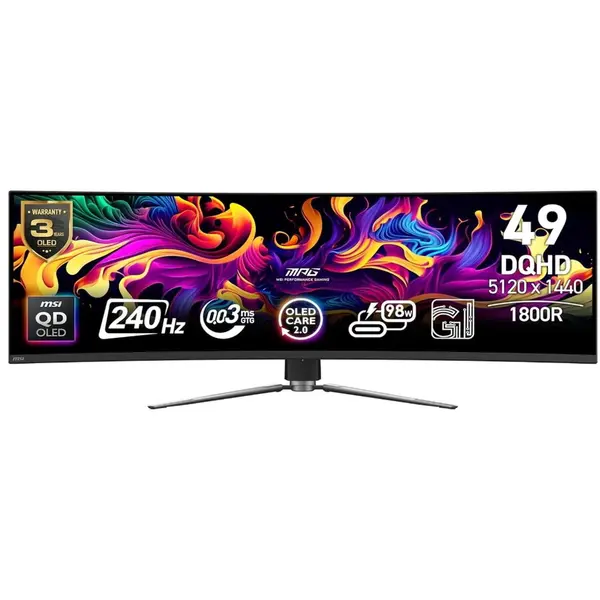 MSI Monitor Gaming MSI 49 MPG 491CQPX, QD-OLED, 240 Hz, Curbat, DQHD 5120 x 1440, 0.03ms, HDMI: x2, DisplayPort: x1, USB Hub: 2x USB 2.0 Type A, 1x USB 2.0 Type B, USB-C: x1, USB-C Power Delivery: 98W, AUX: x1 3.5mm Audio OUT, Negru