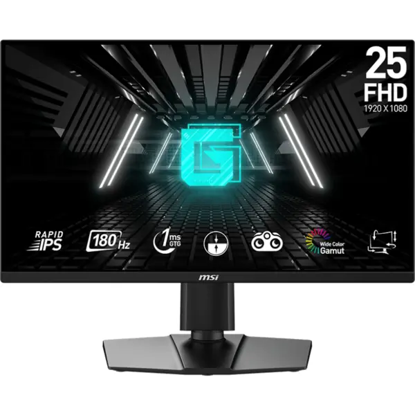 MSI Monitor Gaming MSI G255PF E2, IPS, 24.5 inch, Full HD, 1920x1080, HDMI, DisplayPort, Pivot, Boxe, 180Hz, 1ms, Negru
