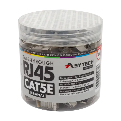Mufă RJ45 FTP Cat.5e EZ Pass-Through ecranată, 8 pini cupru aurit, borcan 100 buc. - ASYTECH RJ45M-CAT5-EZ-JAR