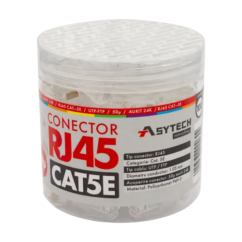 Mufă RJ45 UTP Cat.5e, 8 pini cupru auriți 50µ, borcan 100 bucăți, ASYTECH Networking 50U RJ45-CAT5E-50U-JAR