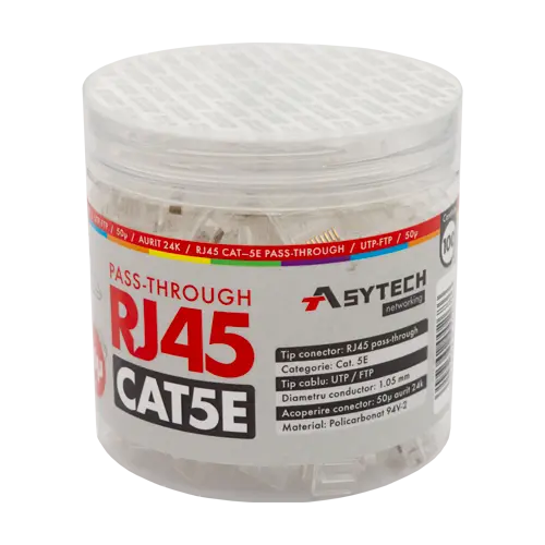 Mufă RJ45 UTP Cat.5e EZ Pass-Through, pini auriti 50µ, borcan 100 buc. - ASYTECH RJ45-CAT5E-EZ-50U-JAR
