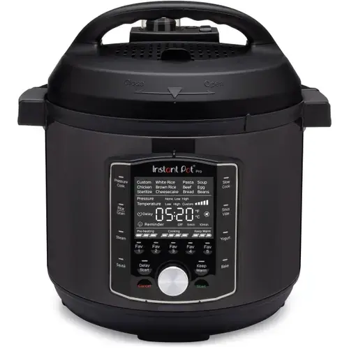 Multicooker Instant Pot Pro 8, V7.6L, 1200~1400W, 10 functii, Vas interior aplatizat din inox cu manere, 11 sisteme de siguranta, Gratar multifuncțional, Garnitura extra (Negru)
