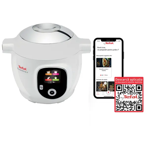 Multicooker inteligent cu gatire sub presiune Tefal Cook4Me+ CY851130, 1600 W, 6L, 6 moduri de gatire, vas cu invelis ceramic antiaderent, aplicatie dedicata, instructiuni pas cu pas, 150 de retete, alb
