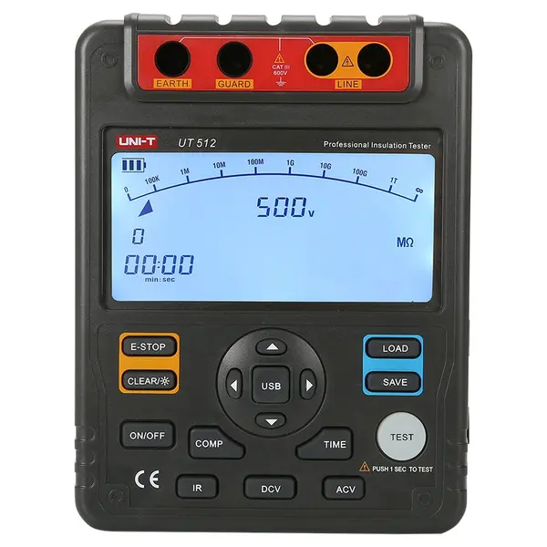 Multimetru rezistență izolație UT 512, 1MΩ10GΩ, tensiuni test 500V2500V, măsurare AC/DC 600V, afișaj LCD mare 9999, temporizator integrat, MIE0131